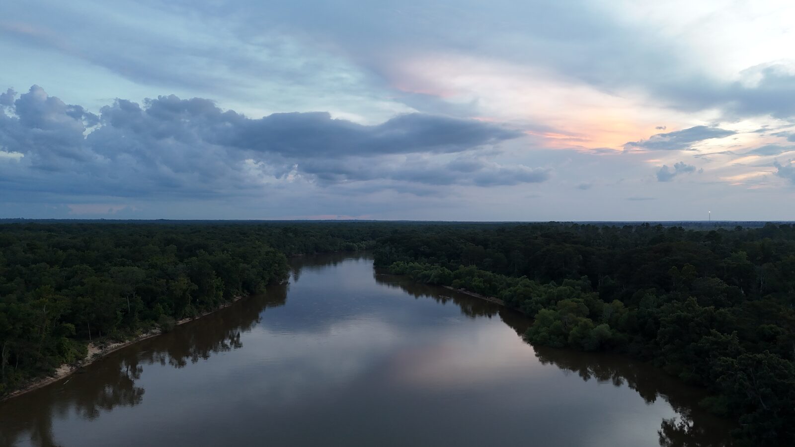 Aerial river view at dusk